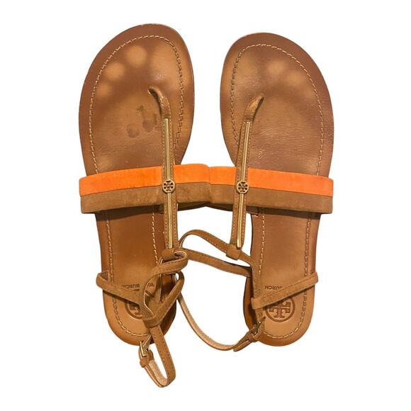 Tory Burch Bar Logo Flat Sandals Coral Tan Suede Size 8.5 Boho Prairie Preppy - Picture 1 of 12
